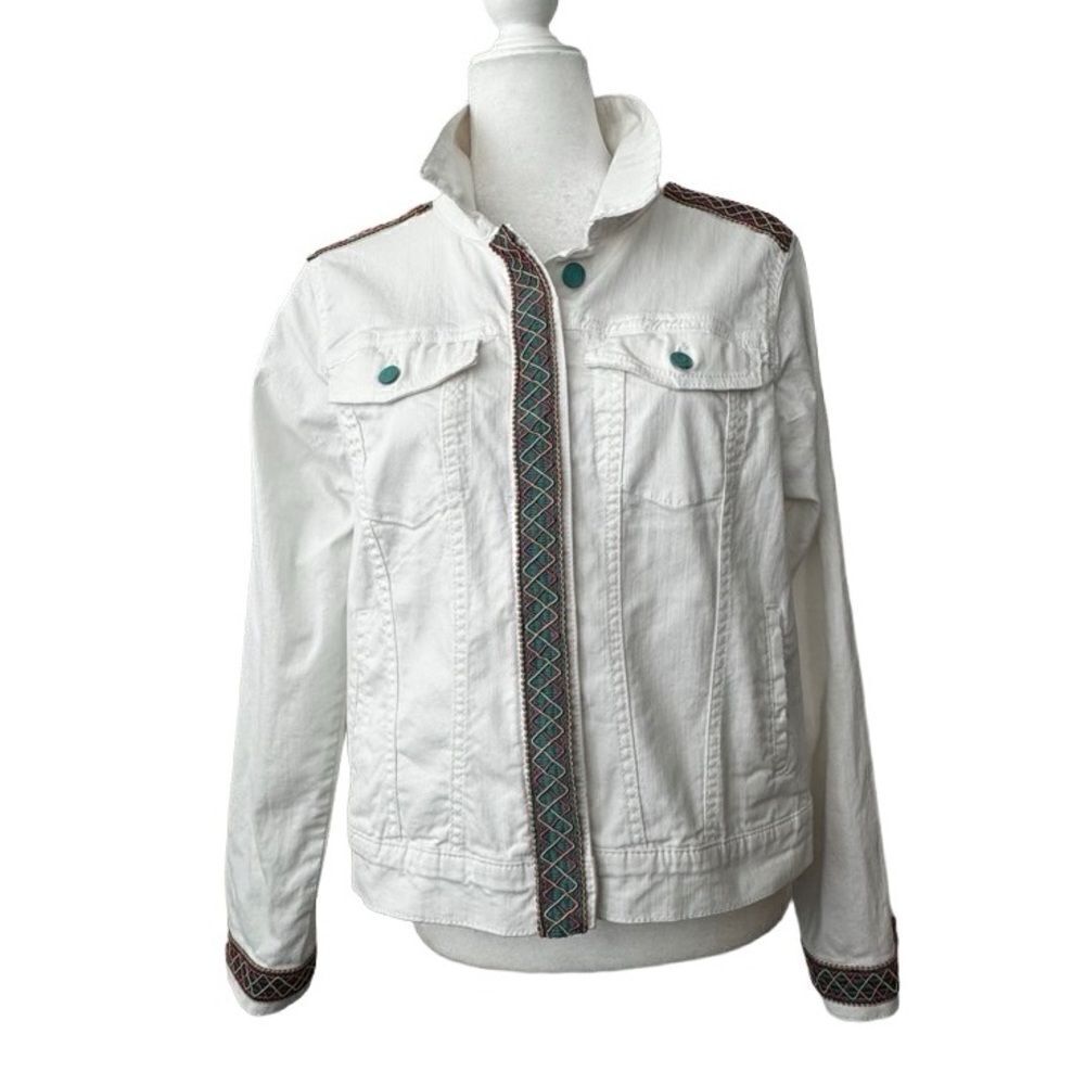 White Denim Jacket Custom Floral Design Painted Back SZ L - Picture 2 of 15